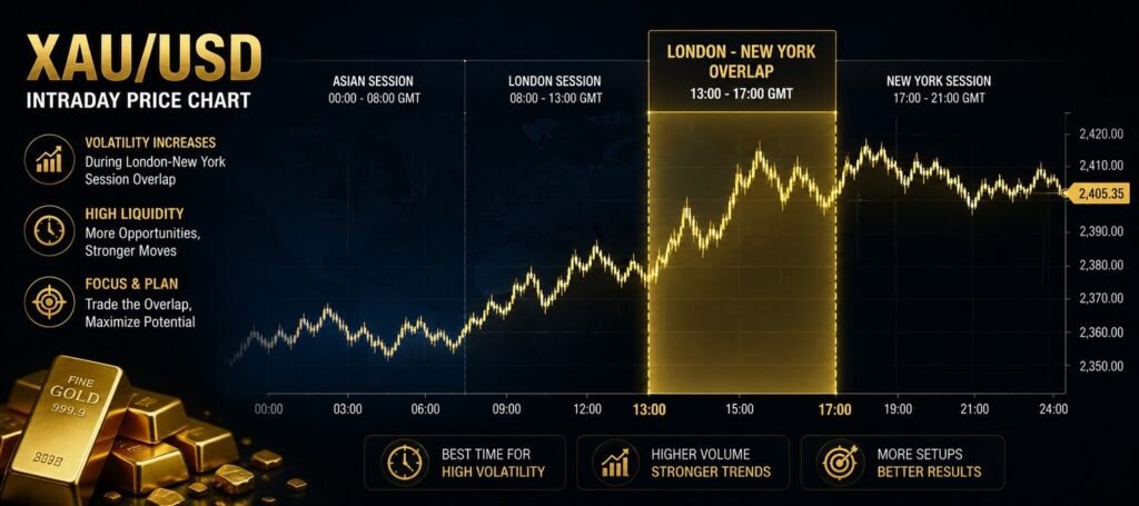 XAU/USD intraday price chart showing the Asian, London, and New York sessions with the London-New York overlap highlighted as the highest-volatility window
